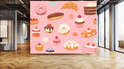 cake vector chocolate confectionery cupcake and sweet confection dessert with caked candies illustra Wall mural