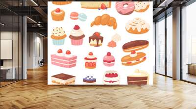 Cake vector chocolate confectionery cupcake and sweet confection dessert with caked candies illustration confected donut with chococream and sweets in bakery set isolated on white background Wall mural