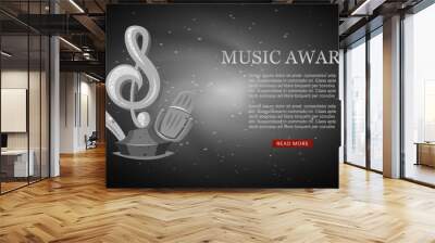 Cartoon music award musical note and microphone statuette entertainment for musician winner or top artist achievement prize snow on blur black vector illustration banner. Musical award prize banner. Wall mural