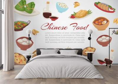 Chinese food, asian street and restaurant cuisine dishes banner cartoon vector illustration. Thai, japanese and chinese food with dinner and lunch dishes, soups, dumpling and dim sum poster. Wall mural