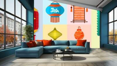 Chinese lantern vector paper lightertraditional holiday celebrate Asia festive or wedding lantern graphic celebration lamp illustration Wall mural