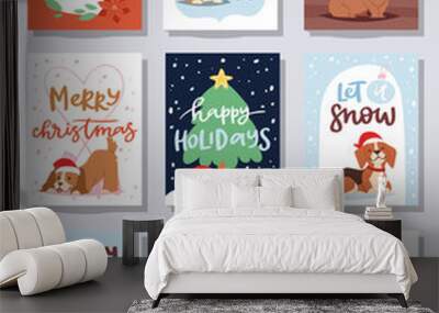 Christmas 2018 dog card vector cute cartoon puppy characters illustration home pets doggy Xmas print design web banner celebrate in Santa Red Hat Wall mural