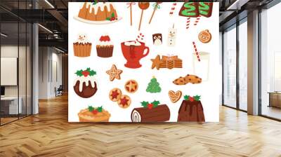 Christmas food vector desserts holiday decoration xmas family diner sweet celebration meal illustration. Traditional festive winter cake homemade x-mas party Wall mural