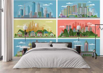 Cityscape vector city landscape with urban architecture building or construction and houses in the town streets illustration set of downtown scene with skyline and skyscraper Wall mural