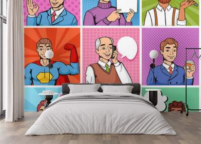 Comic man vector popart cartoon businessman character speaking bubble speech or comicguy expression illustration male set of men in pop art fashion style isolated on white background Wall mural