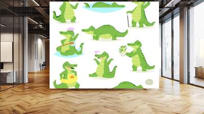 Crocodile vector crocodilian character of green alligator sleeping or playing illustration animalistic childish setof funny predator isolated on white background Wall mural