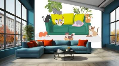 Cute cats, home pets cartoon vector illustration. Interior of the living room with plants and cats and kitten on cozy sofa. Home pets and i love cats quote isolated on white. Wall mural