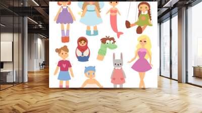 different dolls fashion young clothes character game dress clothing childhood vector illustration Wall mural