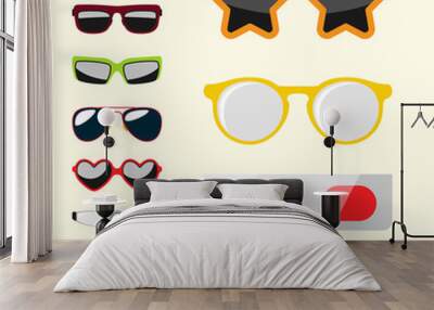 Fashion set sunglasses accessory sun spectacles plastic frame modern eyeglasses vector illustration. Wall mural