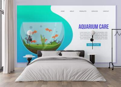 Fish aquarium with golden fishes vector web template. Fish aquarian house underwater tank bowl. Home aquarium system with water and plants banner for pet shop website or landing. Wall mural