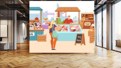 Food market sale stalls, local farmer butcher, fish kiosk shop, bakery and vegetables fruits stands flat vector illustrations. Local market stall selling farm meat, organic food. Wall mural