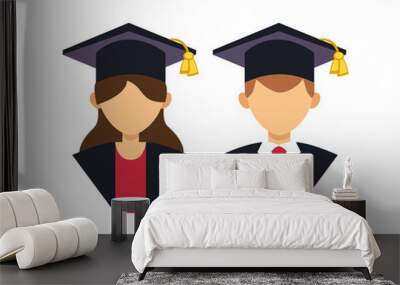 Graduation man and woman silhouette uniform avatar vector illustration. Student education college success character with hat gown flat achievement. Knowledge person. Wall mural