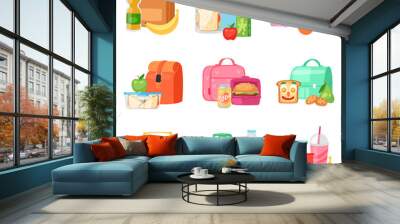 Lunch box vector school lunchbox with healthy food fruits or vegetables boxed in kids container in bag illustration set of packed meal in bagpack isolated on white background Wall mural