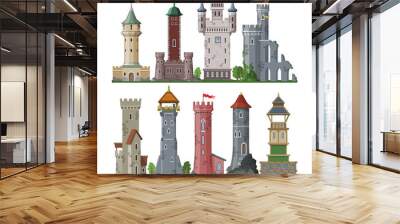 Medieval tower vector cartoon castle fairytale of fantasy palace building in kingdom fairyland illustration set of historical fairy-tale house isolated on white background Wall mural