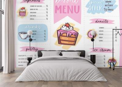 Menu dessert vector cafe design sweet food template chocolate cupcake and ice cream on restaurant poster illustration set of muffin doughnut on cafe banner isolated on white background Wall mural