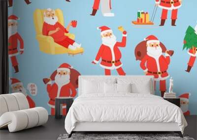 Merry Christmas and Happy New Year seamless pattern with Santa Claus and gifts, vector illustration. Santa with bag, saying ho ho, holding gifts and sitting in armchair. Wall mural