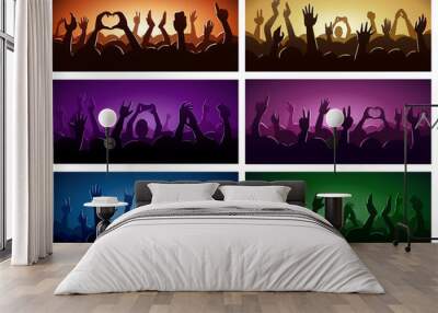 Party human hands silhouette music festival or concert streaming down from above stage fan zone vector illustration Wall mural