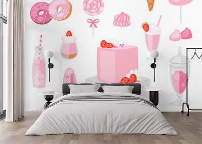 Pink food vector pinkish cake with sweet strawberry dessert with pinky drinks on birthday party illustration girlish set of donut or ice cream isolated on white background Wall mural