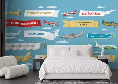 Plane banner vector airplane or aircraft with blank message advertisement and text template ad in illustration set of aeroplane or airliner advertising in sky isolated on background Wall mural