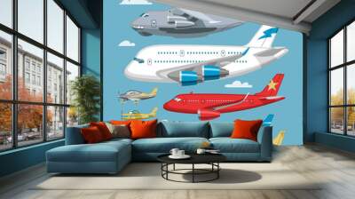 Plane vector aircraft or airplane and jet flight transportation in sky illustration aviation set of aeroplane or airliner and airfreighter cargo isolated on background Wall mural