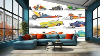 Race car vector drag racing on speedcar on a track and auto bolide driving on rally sport event formula grandprix racetrack illustration set isolated on white background Wall mural