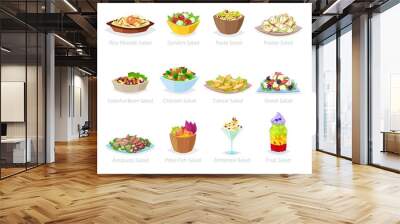 Salad vector healthy food with fresh vegetables tomato or potato in salad-bowl or salad-dish for dinner or lunch illustration set of organic meal diet isolated on white background Wall mural