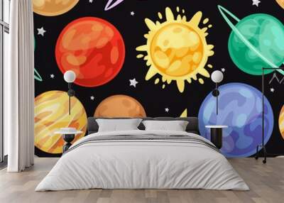 Space universe planets seamless vector pattern on dark background. Space, stars, planets. Sun, Earth, Upiter with Saturn, Mars, Uranus and Venus Wall mural