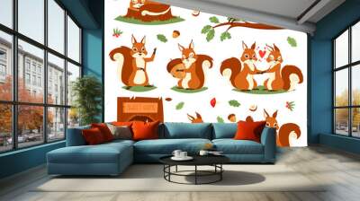 squirrel vector cute animal jumping or sleeping in wildlife and lovely animalistic couple illustrati Wall mural