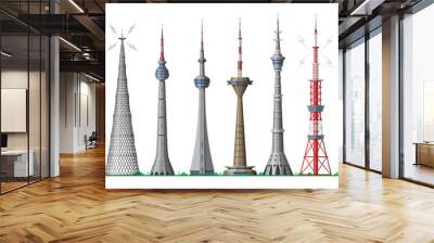 Tower vector global skyline towered antenna construction in city and skyscraper building with network communication illustration cityscape set of towering architecture isolated on white background Wall mural