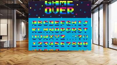 Vector 3d alphabet space rainbow oldschool font numbers digital graphic game over text illustration Wall mural