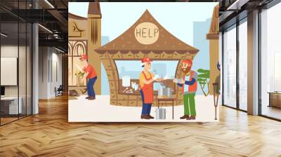 Volunteer character male help people, male feed poor needy people, disabled human receive support flat vector illustration. Town square poor country, donate miserable world population. Wall mural