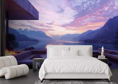 A contemporary terrace lounge featuring a chic fire table, comfortable loungers, and a breathtaking view of a serene mountain lake at dawn, with the sky painted in soft pastels. Wall mural