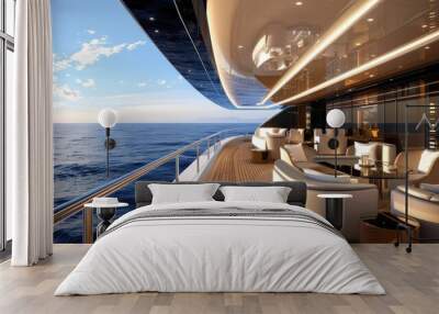 A luxurious yacht interior with floor-to-ceiling windows, sleek furnishings, and a view of the open sea. Wall mural