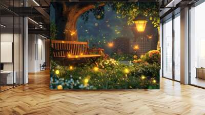 A serene evening garden with fireflies glowing among the flowers, a wooden bench under a tree, and a softly lit lantern. Wall mural