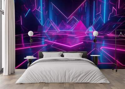 3d render, pink blue neon abstract background with glowing lines, polygonal shapes, ultraviolet light, laser show performance stage with floor reflection Wall mural