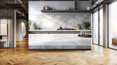 Close-up Marble granite kitchen counter island for product display on modern bright and clean kitchen space. 3d rendering, 3d illustration Wall mural