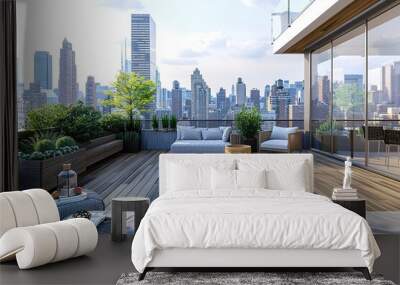 Contemporary urban rooftop terrace with city views and sleek furnishings. Wall mural