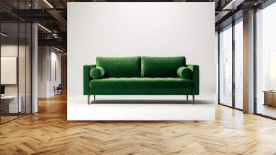 Empty living room wall mockup with green velvet sofa, pillow on blank white interior background. Illustration, 3d rendering Wall mural