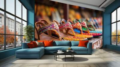 Kolhapuri Chappal- Colorful and variety of Ladies Ethnic Footwear displayed on sale at the street market in India. Kolhapuri Chappal in India are usually wore with Ethnic wear of Indian Culture. Wall mural