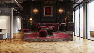 Victorian Vampire's Lair with rich velvet upholstery, Gothic decor, and a dark, vampiric ambiance. Victorian vampire's lair home decor. Template. Halloween gothic vampire dark living room. Wall mural