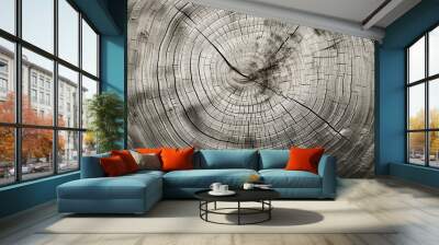 Warm gray cut wood texture. Detailed black and white texture of a felled tree trunk or stump. Rough organic tree rings with close up of end grain Wall mural