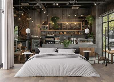 Wooden and gray coffee shop interior,. Wall mural