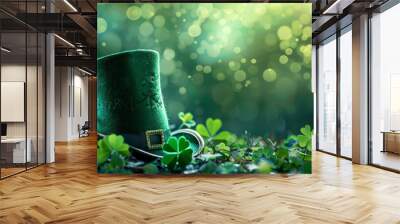 St. Patrick's Day background with a green top hat, shamrocks, and space for text. Wall mural