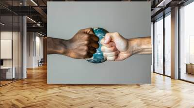 close-up view of two arms with different racial skin colors with a globe. Ai generated Wall mural