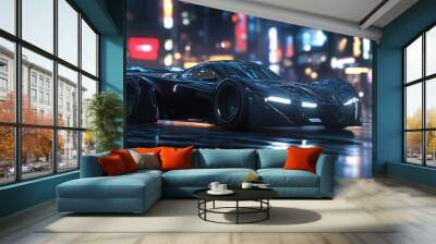 Illustration of a future car on a city street at night. Ai generated image Wall mural