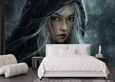 Illustration of an Asian woman with white hair and wearing a black headscarf, with an angry face. AI generated image Wall mural