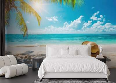 Illustration of sunbathing accessories on a tropical beach, Tropical beach with starfish on the sand on a summer vacation background. Ai generated Wall mural