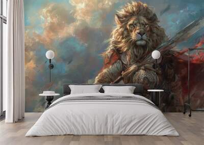 Illustration samurai style, jungle lion knight.Ai generated Wall mural