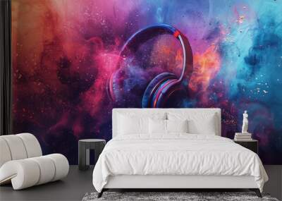 illustration world music day with headset headphones on abstract colorful dust background. Ai generated Wall mural