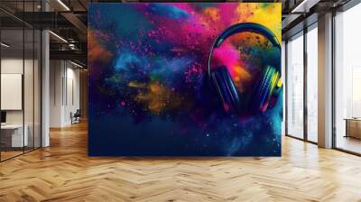 illustration world music day with headset headphones on abstract colorful dust background. Ai generated Wall mural